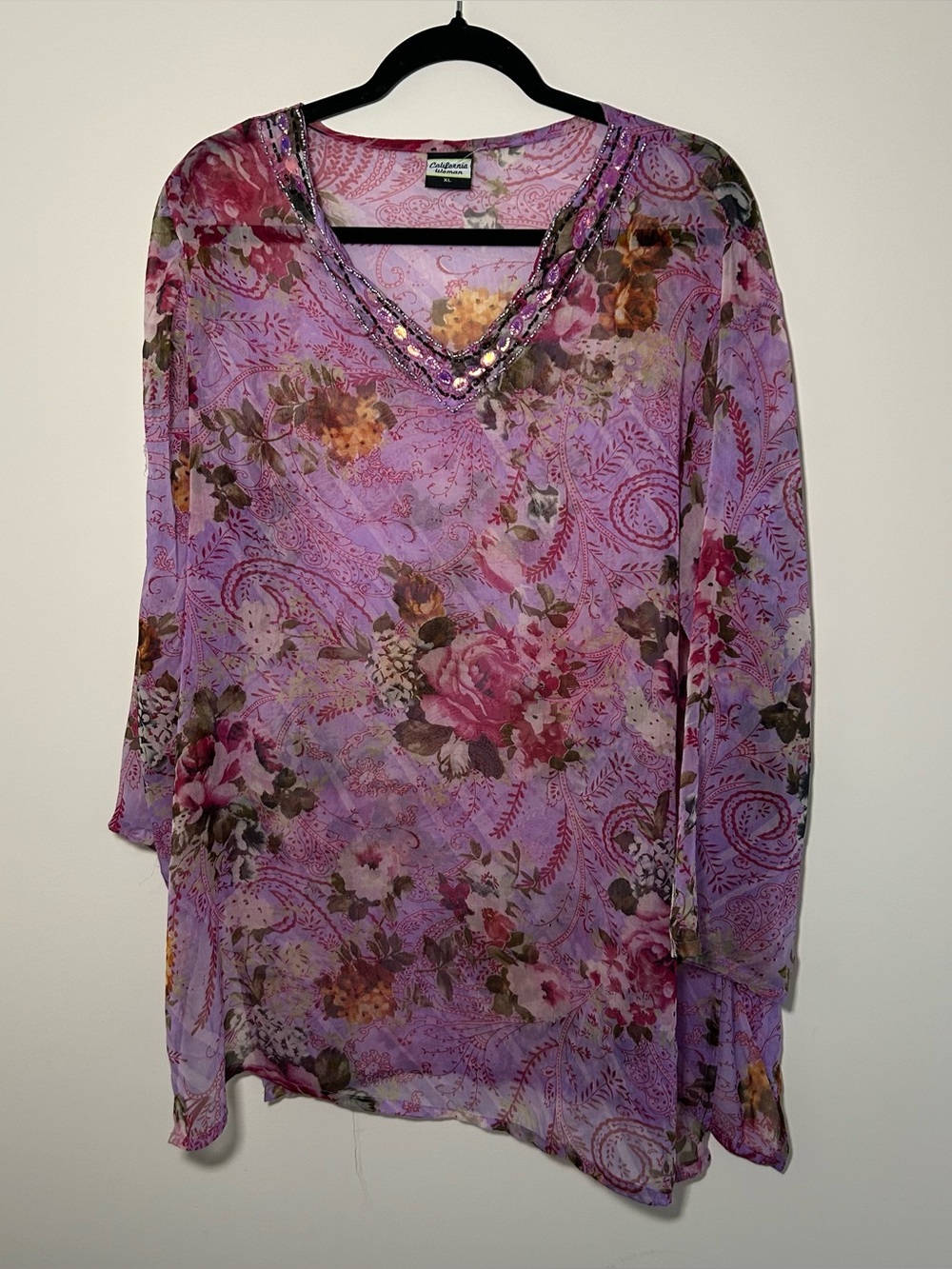 California Woman Y2K Flowy Floral Beaded Shear 3/4 Sleeve Blouse